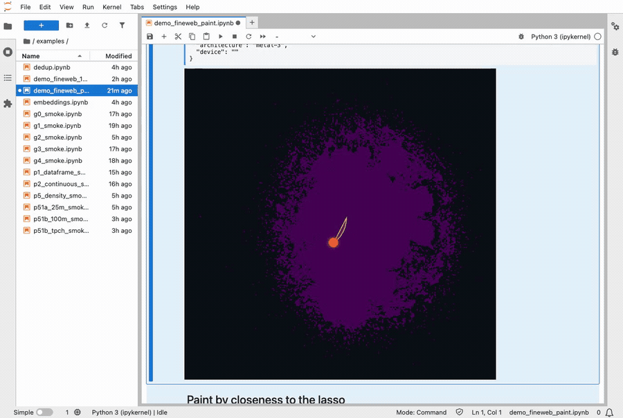Lassoing a cluster of 10 million FineWeb documents; the colors repaint live.